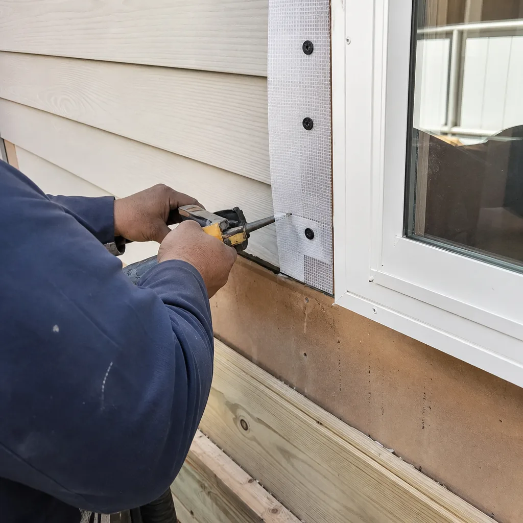 Contractor applying sealant to window trim during a home addition project