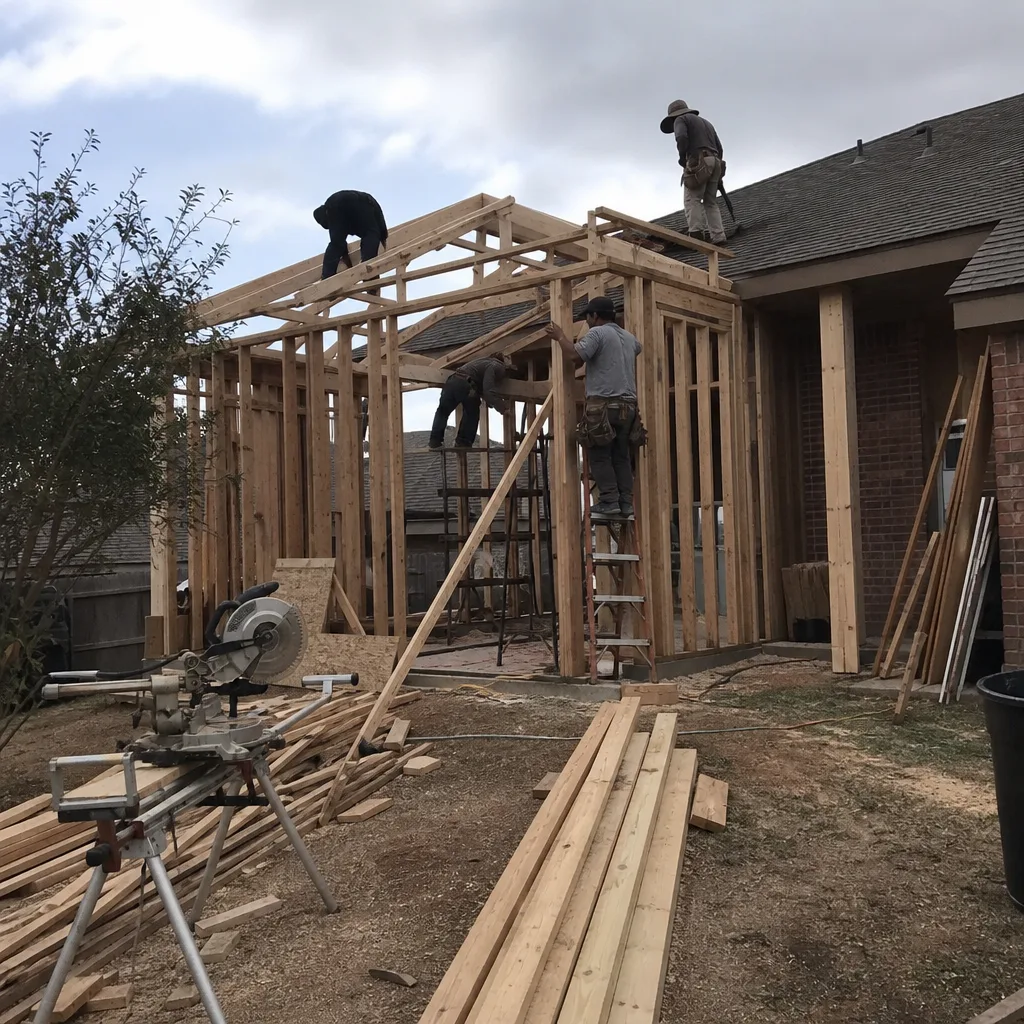 Contractors performing professional home addition framing and structural construction.