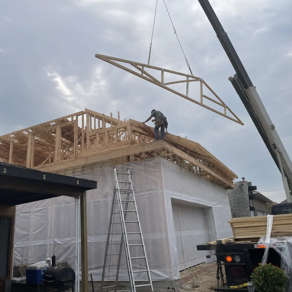 Contractor guiding a wooden roof truss during residential home addition construction