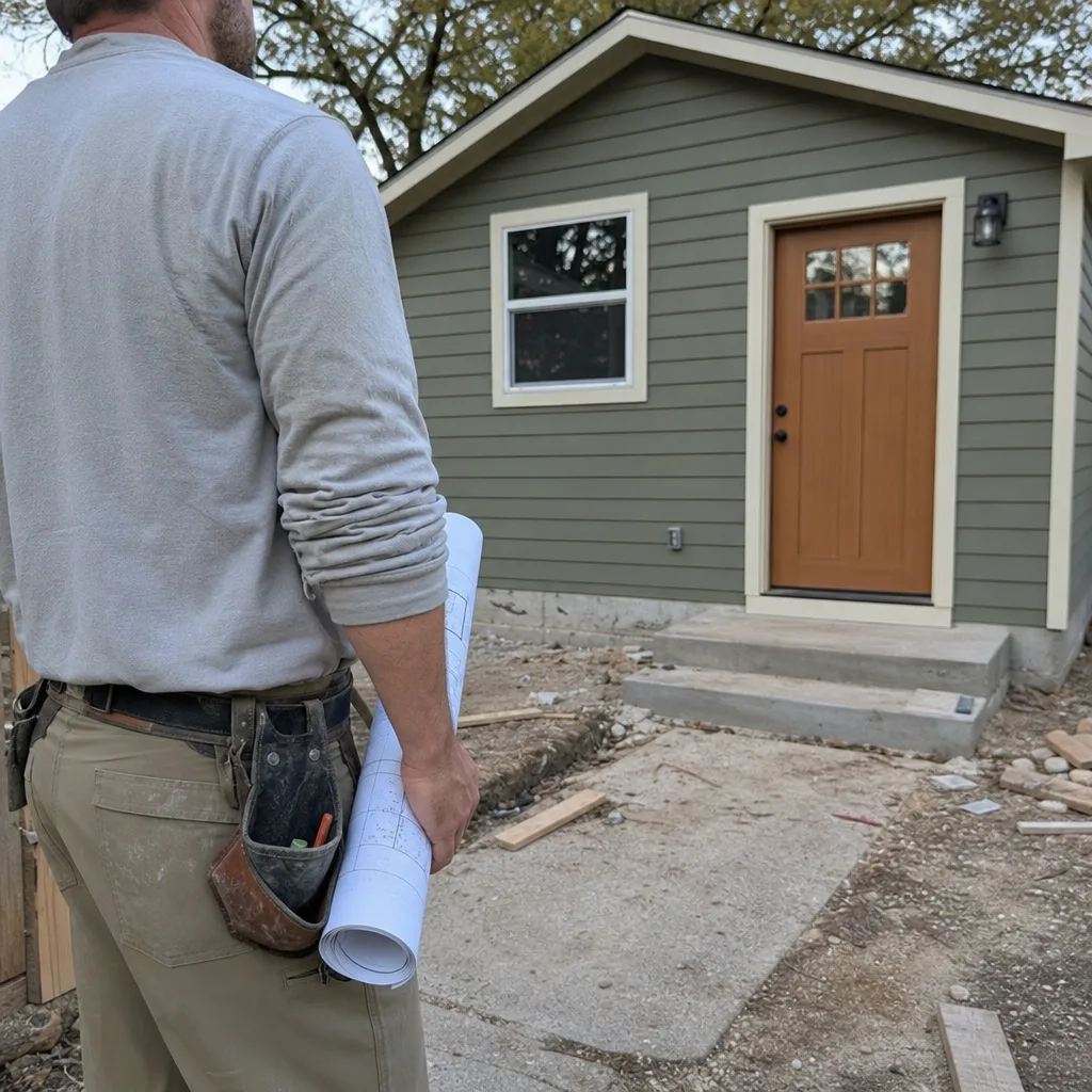 Contractor with blueprints standing in front of a newly built backyard ADU