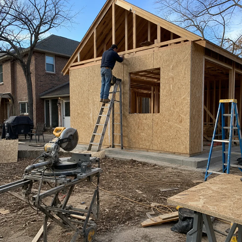 Contractor installing exterior sheathing on a wooden home addition project