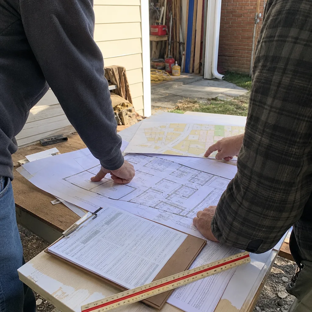 Contractors reviewing construction blueprints and site plans for a room addition