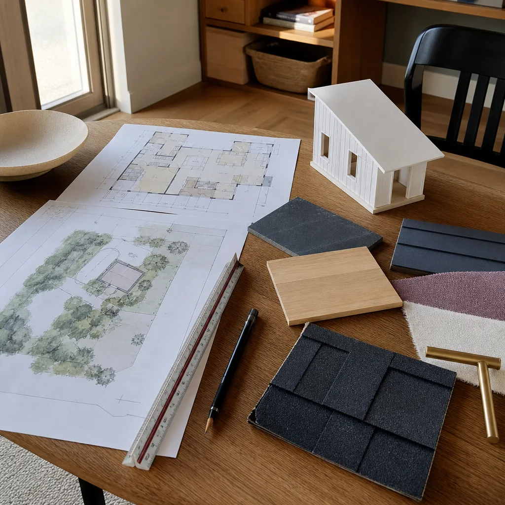 ADU plans, samples and a small model on a desk